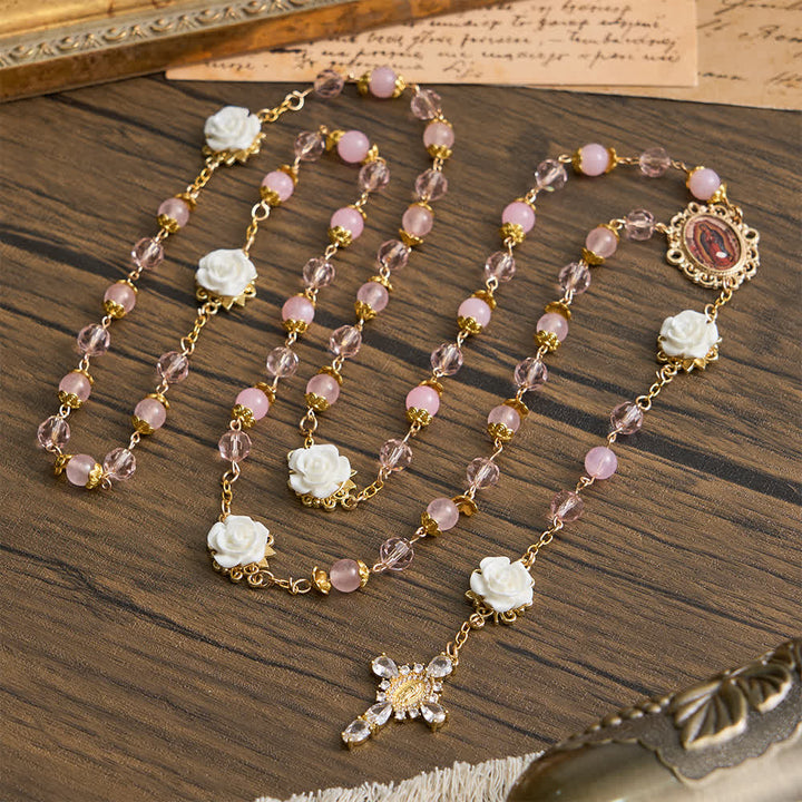 Christianartworkshop Rosenkranz Unserer Lieben Frau von Guadalupe aus rosa Kristall und weißer Rose - image 1