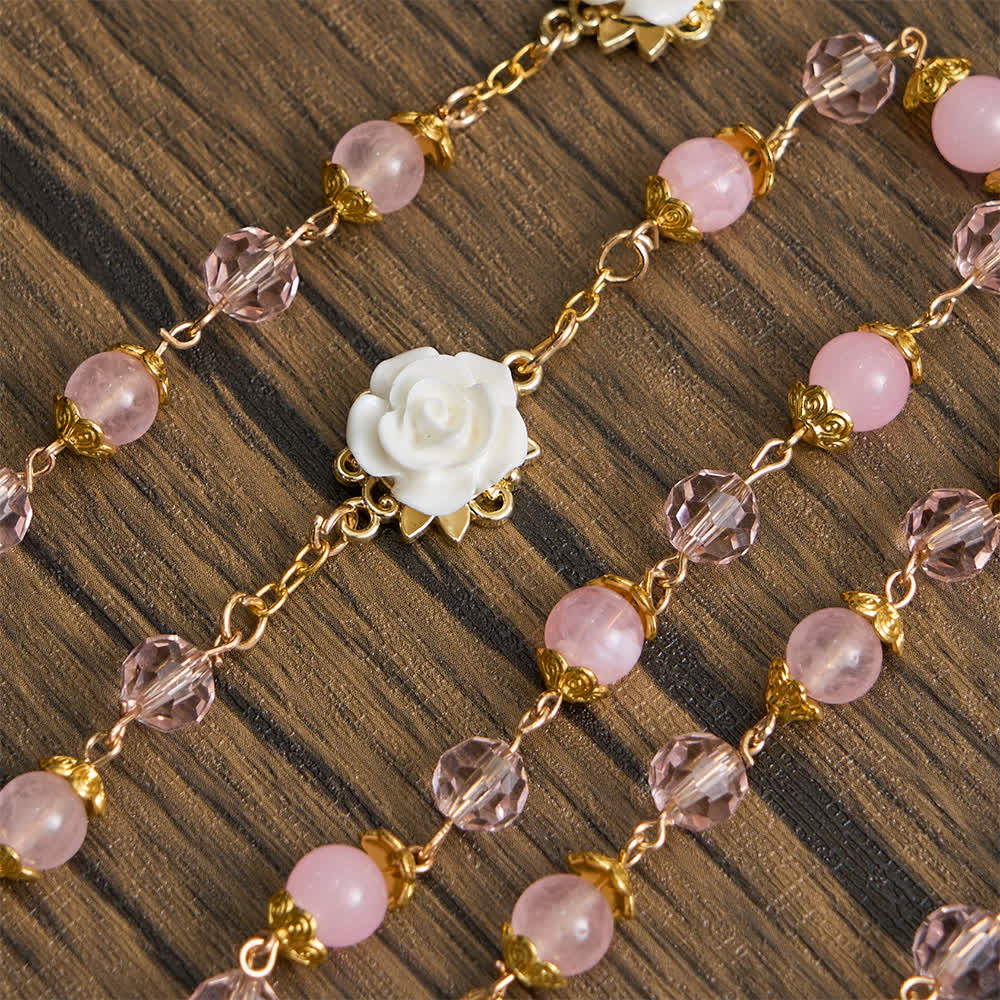 Christianartworkshop Rosenkranz Unserer Lieben Frau von Guadalupe aus rosa Kristall und weißer Rose - image 6