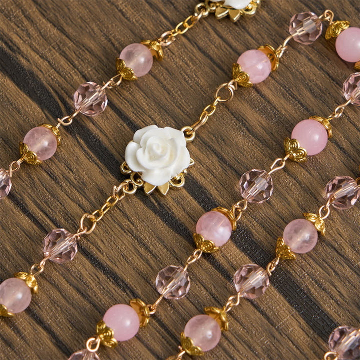 Christianartworkshop Rosenkranz Unserer Lieben Frau von Guadalupe aus rosa Kristall und weißer Rose - image 6