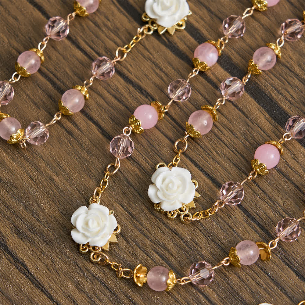Christianartworkshop Rosenkranz Unserer Lieben Frau von Guadalupe aus rosa Kristall und weißer Rose - image 7