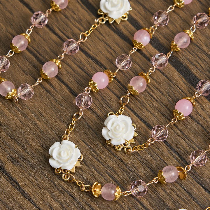 Christianartworkshop Rosenkranz Unserer Lieben Frau von Guadalupe aus rosa Kristall und weißer Rose - image 7