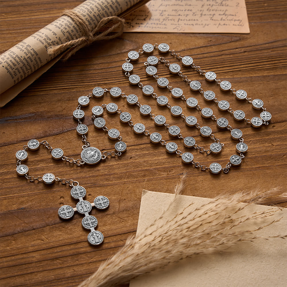 Christianartworkshop Antiker, doppelseitiger Rosenkranz aus Silber mit runder St.-Benedikt-Medaille und kombiniertem Medaillenkreuz - image 1