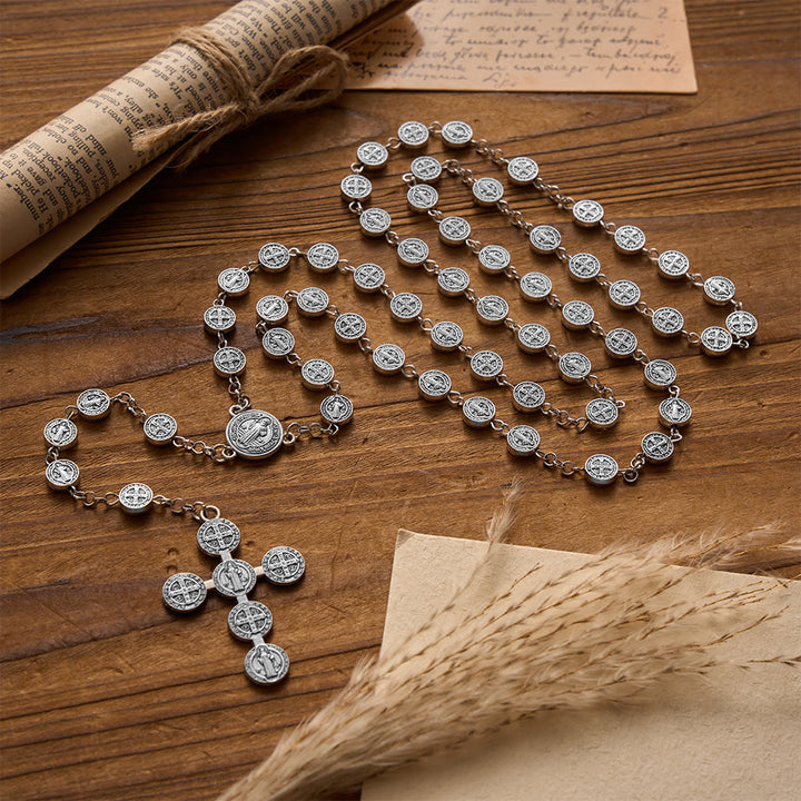 Christianartworkshop Antiker, doppelseitiger Rosenkranz aus Silber mit runder St.-Benedikt-Medaille und kombiniertem Medaillenkreuz - image 1