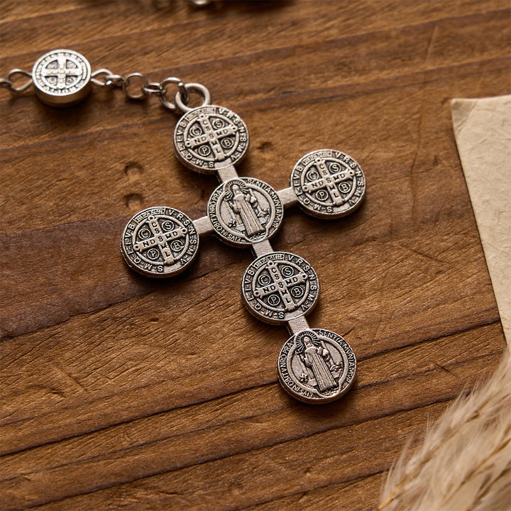 Christianartworkshop Antiker, doppelseitiger Rosenkranz aus Silber mit runder St.-Benedikt-Medaille und kombiniertem Medaillenkreuz - image 4