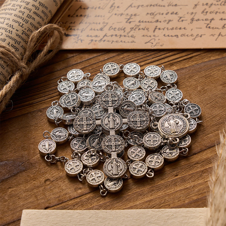Christianartworkshop Antiker, doppelseitiger Rosenkranz aus Silber mit runder St.-Benedikt-Medaille und kombiniertem Medaillenkreuz - Rosenkranz des heiligen Benedikt - image 0