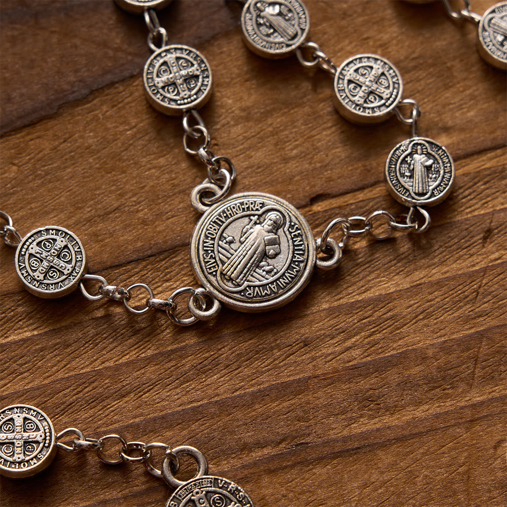 Christianartworkshop Antiker, doppelseitiger Rosenkranz aus Silber mit runder St.-Benedikt-Medaille und kombiniertem Medaillenkreuz - image 3