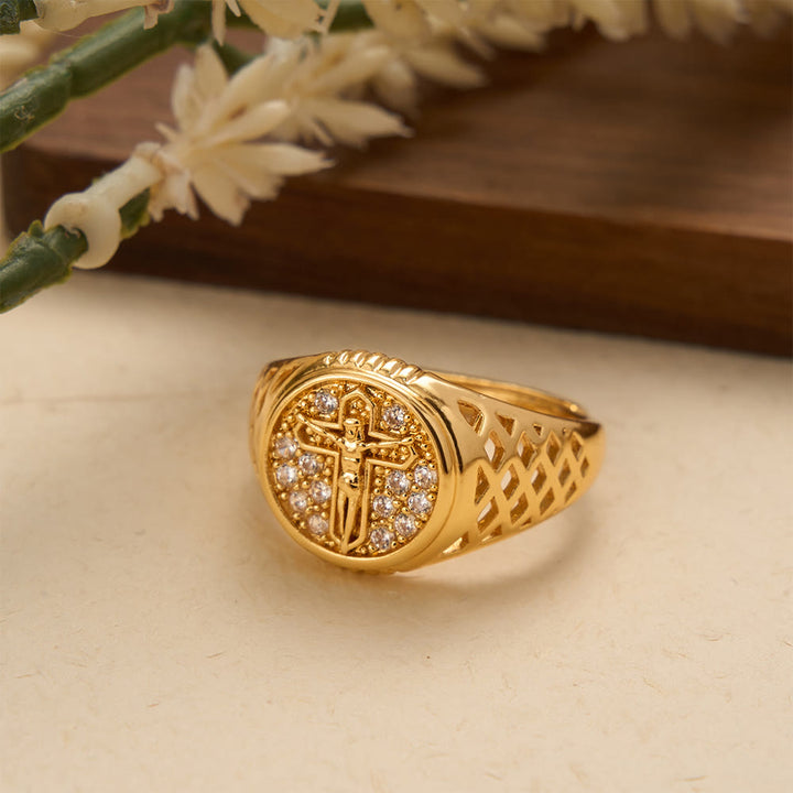 Christianartworkshop Ovaler Siegelring mit Zirkonia-Kreuz und hohlem Gitterband: Ein Symbol erlösender Gnade - image 1