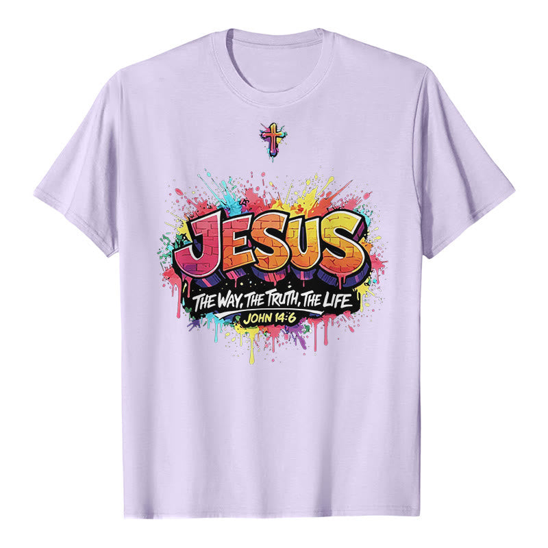 Christianartworkshop „Jesus – Der Weg, die Wahrheit, das Leben – Johannes 14,6“ Graffiti Splash Cross Premium Kurzarm-T-Shirt - Lila - 2XL - image 4