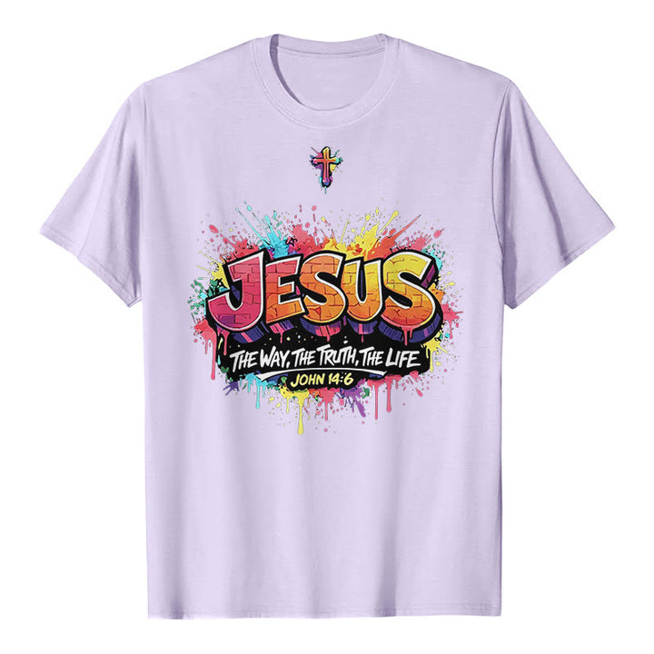 Christianartworkshop „Jesus – Der Weg, die Wahrheit, das Leben – Johannes 14,6“ Graffiti Splash Cross Premium Kurzarm-T-Shirt - Lila - 2XL - image 4