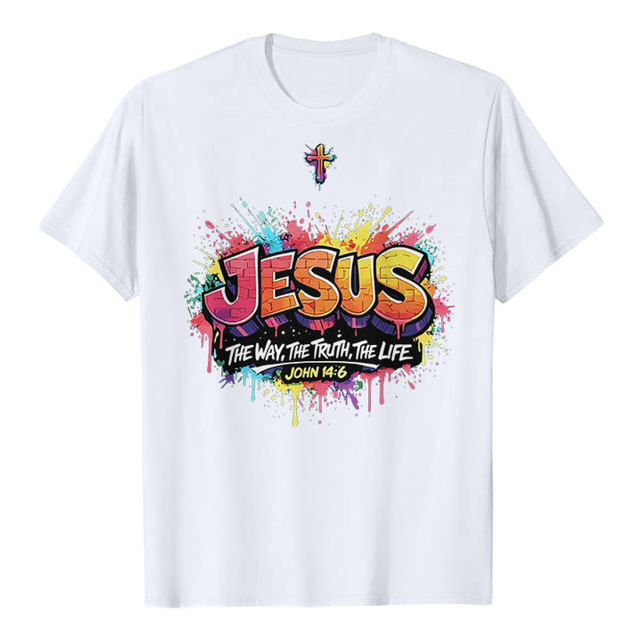 Christianartworkshop „Jesus – Der Weg, die Wahrheit, das Leben – Johannes 14,6“ Graffiti Splash Cross Premium Kurzarm-T-Shirt - Weiß - 2XL - image 2