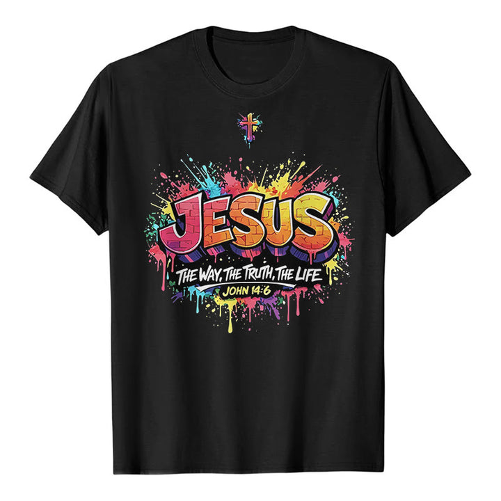 Christianartworkshop „Jesus – Der Weg, die Wahrheit, das Leben – Johannes 14,6“ Graffiti Splash Cross Premium Kurzarm-T-Shirt - Schwarz - 2XL - image 0