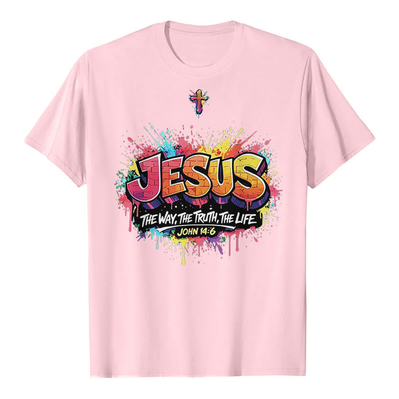 Christianartworkshop „Jesus – Der Weg, die Wahrheit, das Leben – Johannes 14,6“ Graffiti Splash Cross Premium Kurzarm-T-Shirt - Rosa - 2XL - image 3