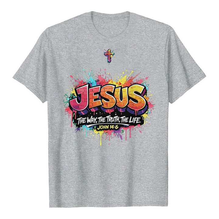 Christianartworkshop „Jesus – Der Weg, die Wahrheit, das Leben – Johannes 14,6“ Graffiti Splash Cross Premium Kurzarm-T-Shirt - Grau - 2XL - image 1
