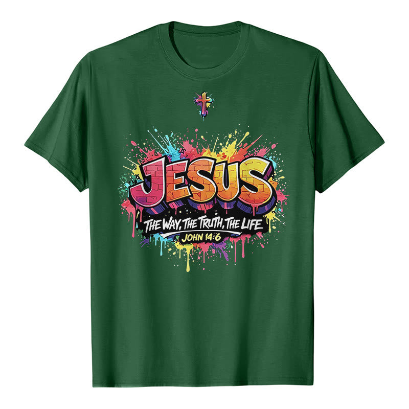 Christianartworkshop „Jesus – Der Weg, die Wahrheit, das Leben – Johannes 14,6“ Graffiti Splash Cross Premium Kurzarm-T-Shirt - Dunkelgrün - 2XL - image 6
