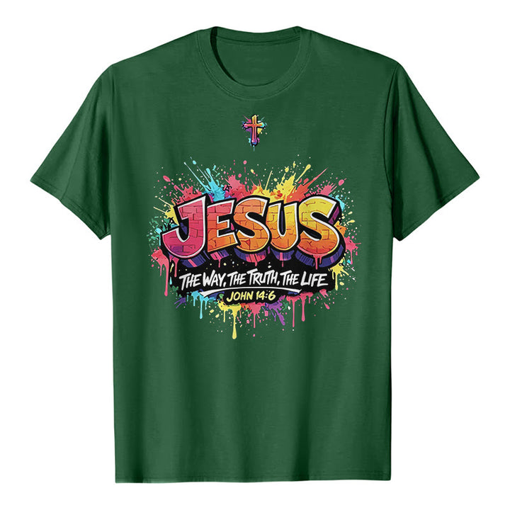 Christianartworkshop „Jesus – Der Weg, die Wahrheit, das Leben – Johannes 14,6“ Graffiti Splash Cross Premium Kurzarm-T-Shirt - Dunkelgrün - 2XL - image 6