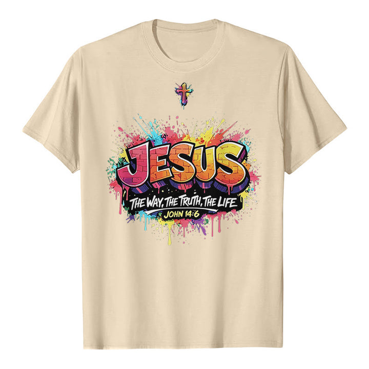 Christianartworkshop „Jesus – Der Weg, die Wahrheit, das Leben – Johannes 14,6“ Graffiti Splash Cross Premium Kurzarm-T-Shirt - Beige - 2XL - image 8