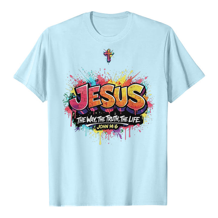 Christianartworkshop „Jesus – Der Weg, die Wahrheit, das Leben – Johannes 14,6“ Graffiti Splash Cross Premium Kurzarm-T-Shirt - Blau - 2XL - image 7