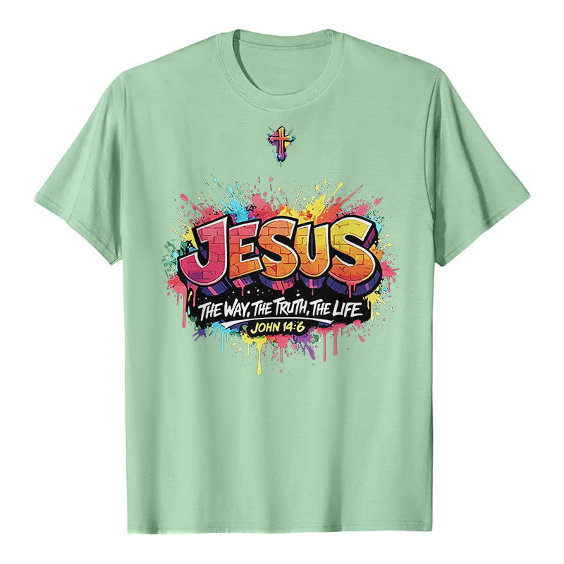 Christianartworkshop „Jesus – Der Weg, die Wahrheit, das Leben – Johannes 14,6“ Graffiti Splash Cross Premium Kurzarm-T-Shirt - Hellgrün - 2XL - image 5
