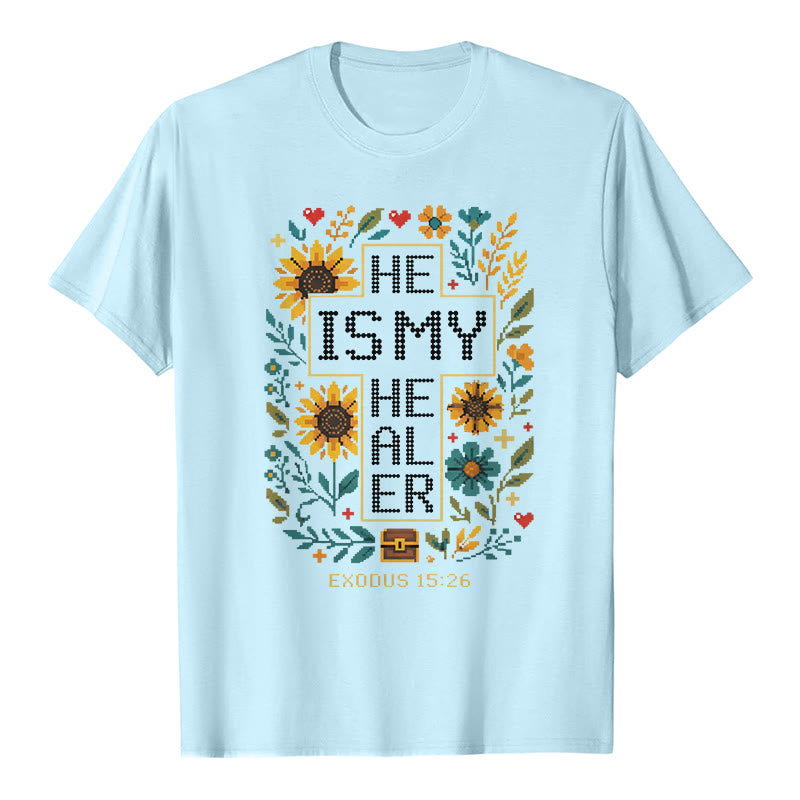 Christianartworkshop Inspirierendes Premium-T-Shirt mit floralem Kreuzstich-Detail aus Exodus 15,26 - Blau - 2XL - image 7