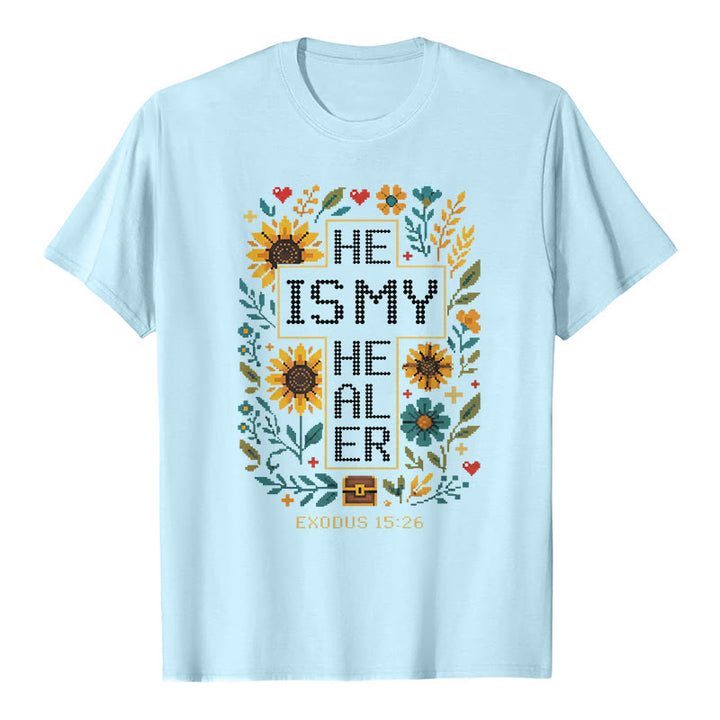 Christianartworkshop Inspirierendes Premium-T-Shirt mit floralem Kreuzstich-Detail aus Exodus 15,26 - Blau - 2XL - image 7