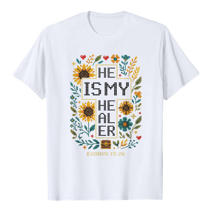 Christianartworkshop Inspirierendes Premium-T-Shirt mit floralem Kreuzstich-Detail aus Exodus 15,26 - Weiß - 2XL - image 2