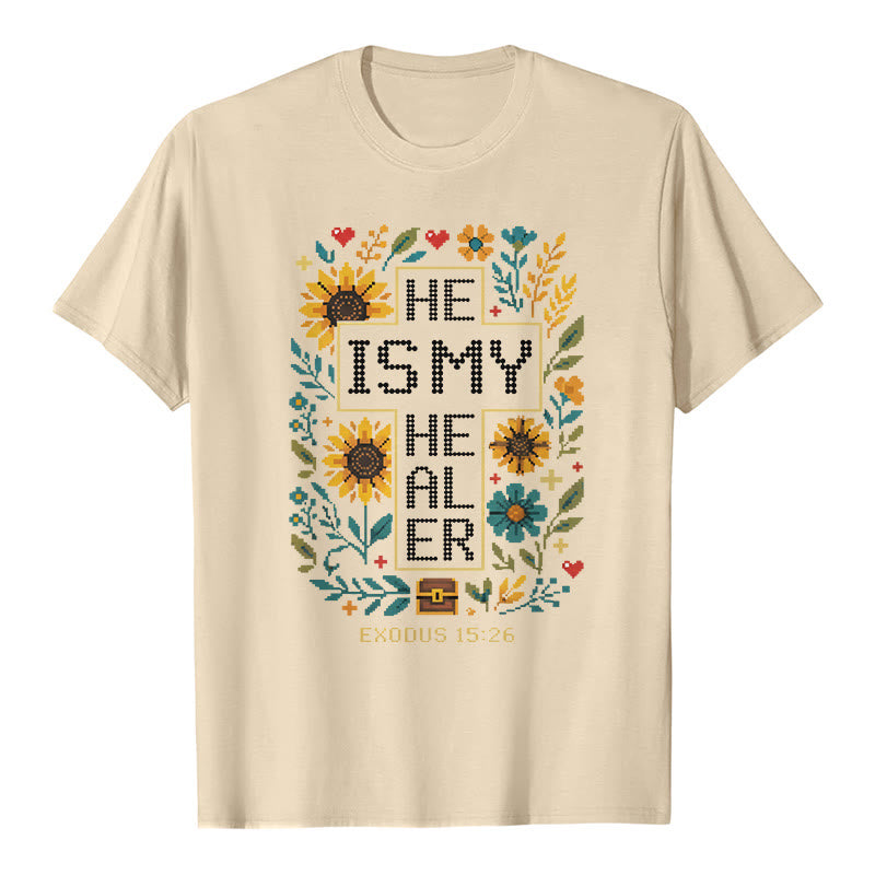 Christianartworkshop Inspirierendes Premium-T-Shirt mit floralem Kreuzstich-Detail aus Exodus 15,26 - Beige - 2XL - image 8