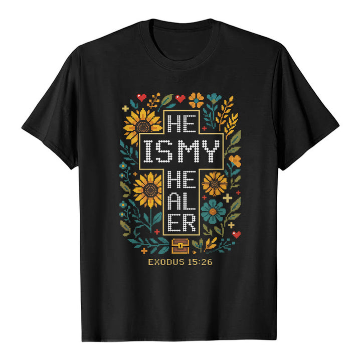 Christianartworkshop Inspirierendes Premium-T-Shirt mit floralem Kreuzstich-Detail aus Exodus 15,26 - Schwarz - 2XL - image 1