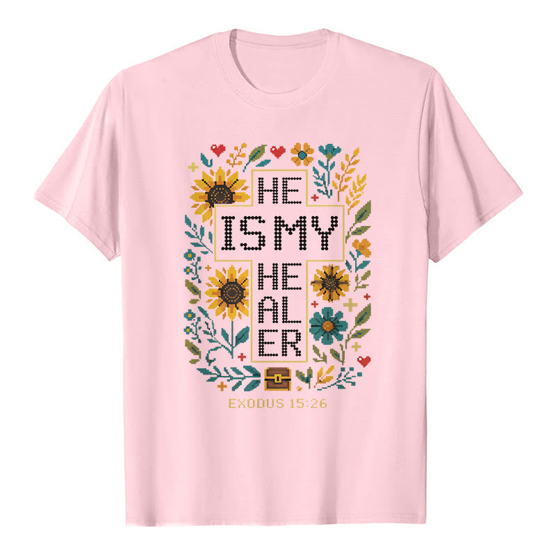 Christianartworkshop Inspirierendes Premium-T-Shirt mit floralem Kreuzstich-Detail aus Exodus 15,26 - Rosa - 2XL - image 3