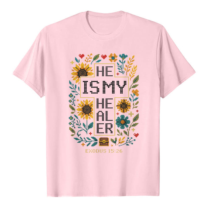 Christianartworkshop Inspirierendes Premium-T-Shirt mit floralem Kreuzstich-Detail aus Exodus 15,26 - Rosa - 2XL - image 3