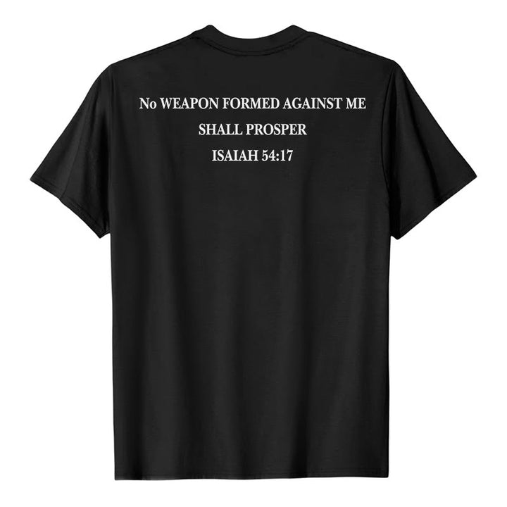 Christianartworkshop Keine Waffe, die gegen mich geschmiedet wird, soll Erfolg haben. Jesaja 54,17 Premium Kurzarm-T-Shirt mit Kreuz auf der Vorderseite und Rückseite. - image 2