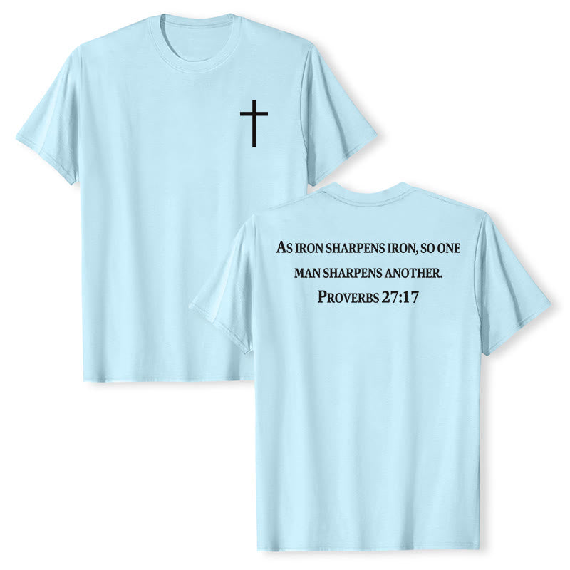 Christianartworkshop Wie Eisen Eisen schärft (Sprüche 27,17) – Premium-T-Shirt mit gekreuztem Bibelvers auf der Vorderseite, gekreuztem Rücken und kurzen Ärmeln - Blau - 2XL - image 21
