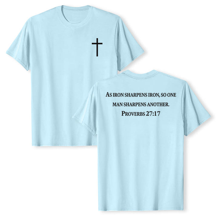 Christianartworkshop Wie Eisen Eisen schärft (Sprüche 27,17) – Premium-T-Shirt mit gekreuztem Bibelvers auf der Vorderseite, gekreuztem Rücken und kurzen Ärmeln - Blau - 2XL - image 21