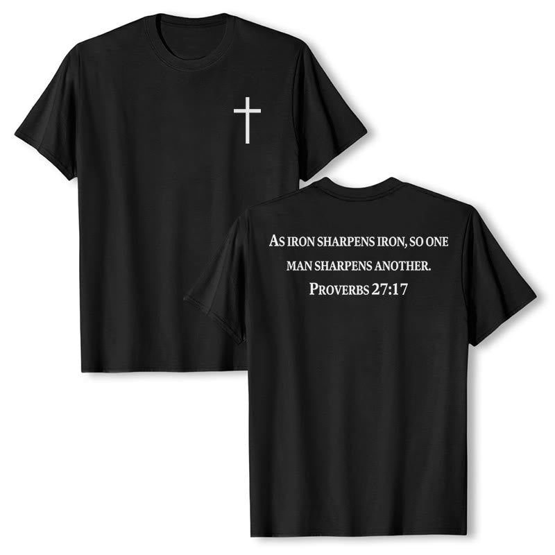 Christianartworkshop Wie Eisen Eisen schärft (Sprüche 27,17) – Premium-T-Shirt mit gekreuztem Bibelvers auf der Vorderseite, gekreuztem Rücken und kurzen Ärmeln - Schwarz - 2XL - image 0