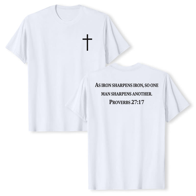 Christianartworkshop Wie Eisen Eisen schärft (Sprüche 27,17) – Premium-T-Shirt mit gekreuztem Bibelvers auf der Vorderseite, gekreuztem Rücken und kurzen Ärmeln - Weiß - 2XL - image 6