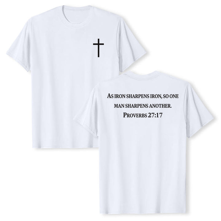 Christianartworkshop Wie Eisen Eisen schärft (Sprüche 27,17) – Premium-T-Shirt mit gekreuztem Bibelvers auf der Vorderseite, gekreuztem Rücken und kurzen Ärmeln - Weiß - 2XL - image 6