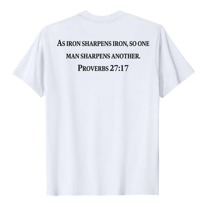 Christianartworkshop Wie Eisen Eisen schärft (Sprüche 27,17) – Premium-T-Shirt mit gekreuztem Bibelvers auf der Vorderseite, gekreuztem Rücken und kurzen Ärmeln - image 8