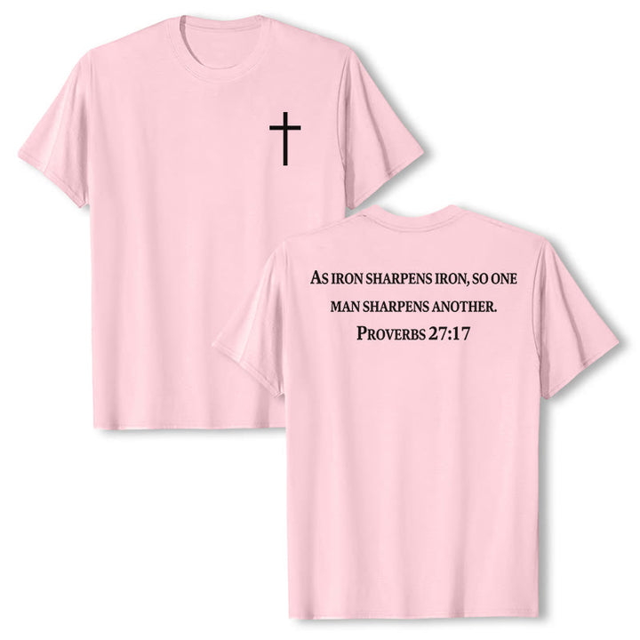 Christianartworkshop Wie Eisen Eisen schärft (Sprüche 27,17) – Premium-T-Shirt mit gekreuztem Bibelvers auf der Vorderseite, gekreuztem Rücken und kurzen Ärmeln - Rosa - 2XL - image 9
