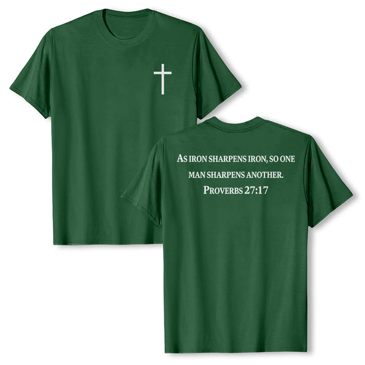 Christianartworkshop Wie Eisen Eisen schärft (Sprüche 27,17) – Premium-T-Shirt mit gekreuztem Bibelvers auf der Vorderseite, gekreuztem Rücken und kurzen Ärmeln - Dunkelgrün - 2XL - image 18
