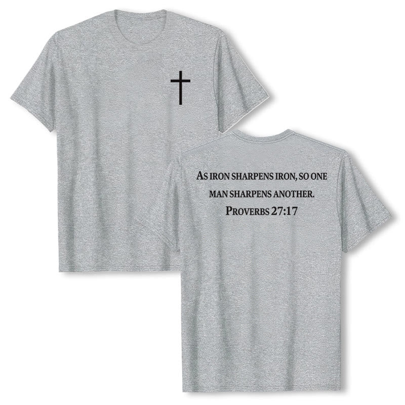 Christianartworkshop Wie Eisen Eisen schärft (Sprüche 27,17) – Premium-T-Shirt mit gekreuztem Bibelvers auf der Vorderseite, gekreuztem Rücken und kurzen Ärmeln - Grau - 2XL - image 3
