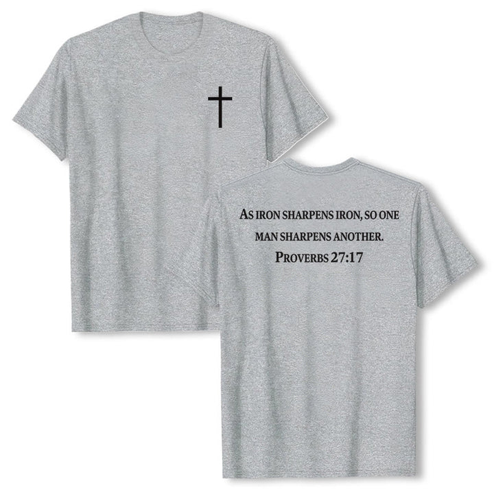 Christianartworkshop Wie Eisen Eisen schärft (Sprüche 27,17) – Premium-T-Shirt mit gekreuztem Bibelvers auf der Vorderseite, gekreuztem Rücken und kurzen Ärmeln - Grau - 2XL - image 3