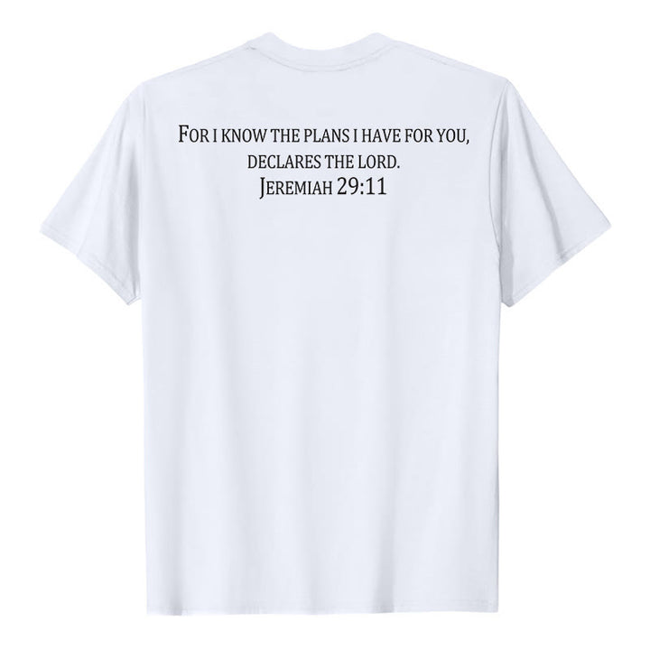 Christianartworkshop Denn ich kenne die Pläne, die ich für euch habe (Jeremia 29,11). Premium-T-Shirt mit kurzem Ärmel und Kreuz auf der Vorderseite, Bibelvers auf der Rückseite und Kreuz. - image 2