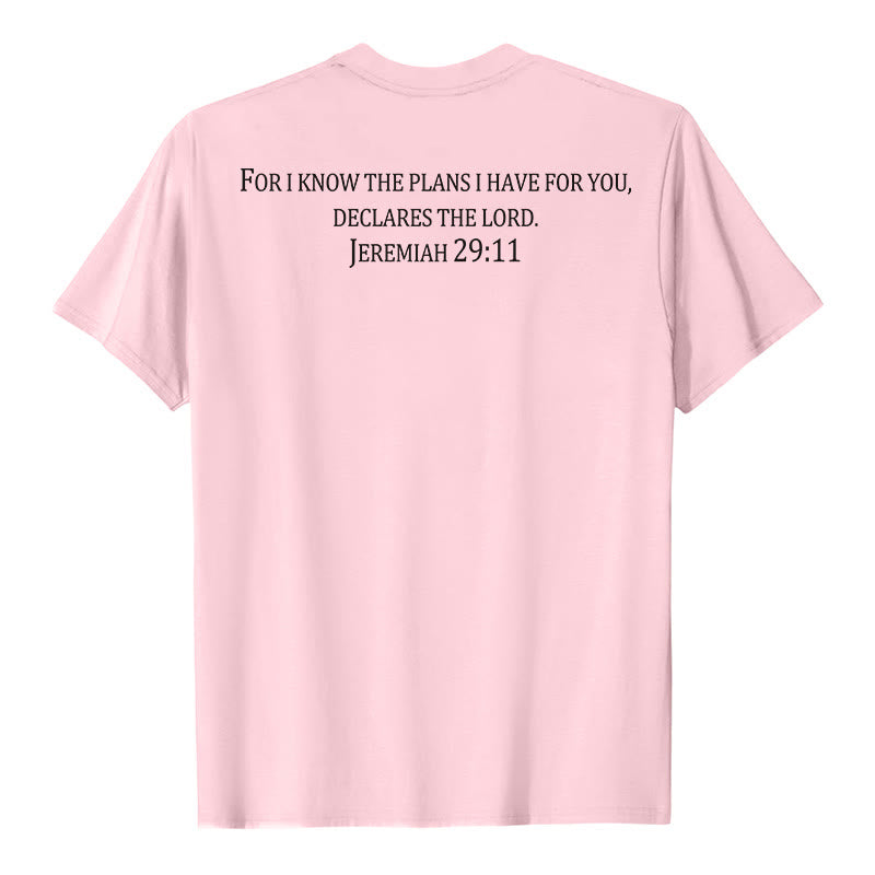 Christianartworkshop Denn ich kenne die Pläne, die ich für euch habe (Jeremia 29,11). Premium-T-Shirt mit kurzem Ärmel und Kreuz auf der Vorderseite, Bibelvers auf der Rückseite und Kreuz. - image 11