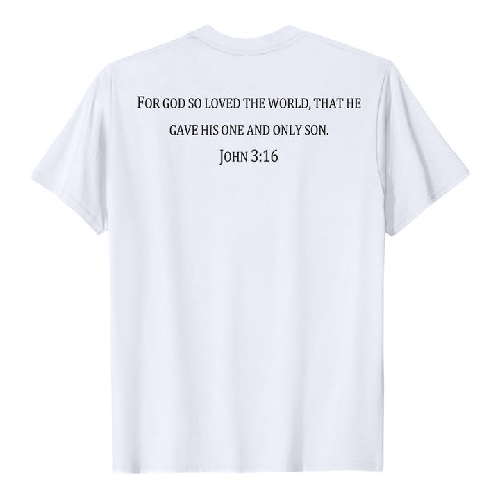 Christianartworkshop Johannes 3,16 Denn so sehr hat Gott die Welt geliebt Premium Kurzarm-T-Shirt mit Kreuz auf der Vorderseite, Bibelvers auf dem Rücken - image 8