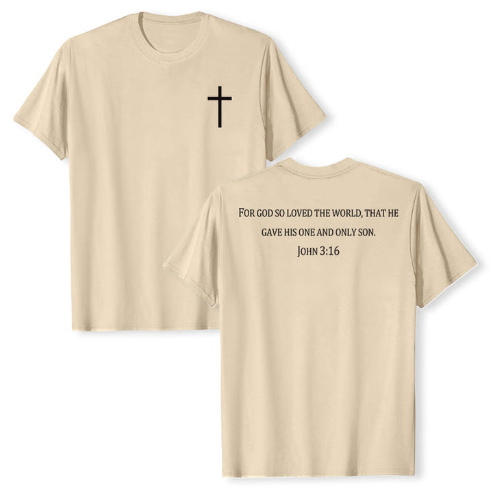 Christianartworkshop Johannes 3,16 Denn so sehr hat Gott die Welt geliebt Premium Kurzarm-T-Shirt mit Kreuz auf der Vorderseite, Bibelvers auf dem Rücken - Beige - 2XL - image 24