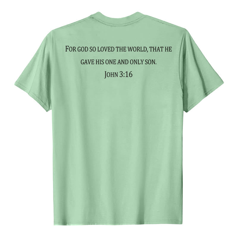 Christianartworkshop Johannes 3,16 Denn so sehr hat Gott die Welt geliebt Premium Kurzarm-T-Shirt mit Kreuz auf der Vorderseite, Bibelvers auf dem Rücken - image 17