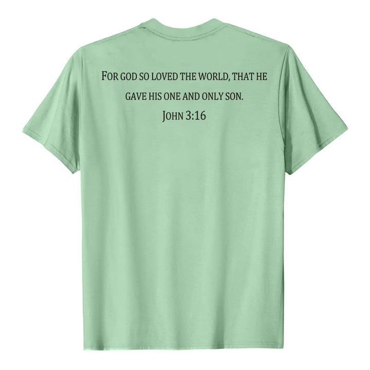 Christianartworkshop Johannes 3,16 Denn so sehr hat Gott die Welt geliebt Premium Kurzarm-T-Shirt mit Kreuz auf der Vorderseite, Bibelvers auf dem Rücken - image 17