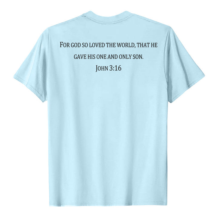 Christianartworkshop Johannes 3,16 Denn so sehr hat Gott die Welt geliebt Premium Kurzarm-T-Shirt mit Kreuz auf der Vorderseite, Bibelvers auf dem Rücken - image 23