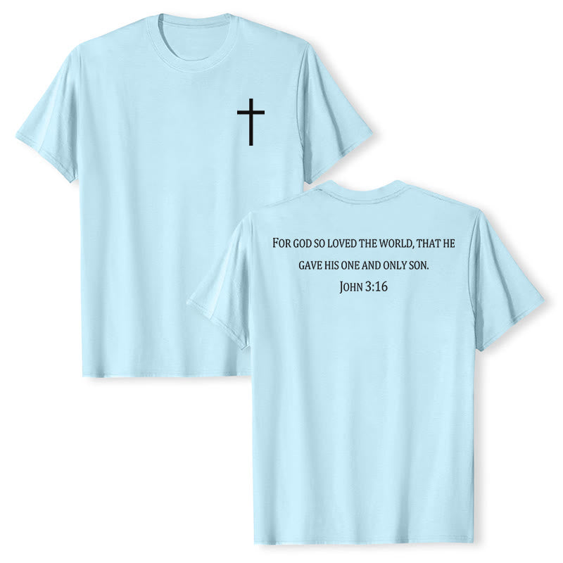 Christianartworkshop Johannes 3,16 Denn so sehr hat Gott die Welt geliebt Premium Kurzarm-T-Shirt mit Kreuz auf der Vorderseite, Bibelvers auf dem Rücken - Blau - 2XL - image 21