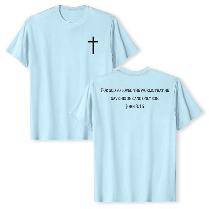 Christianartworkshop Johannes 3,16 Denn so sehr hat Gott die Welt geliebt Premium Kurzarm-T-Shirt mit Kreuz auf der Vorderseite, Bibelvers auf dem Rücken - Blau - 2XL - image 21