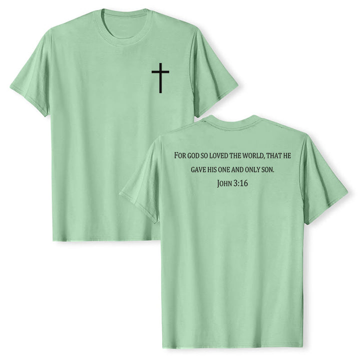 Christianartworkshop Johannes 3,16 Denn so sehr hat Gott die Welt geliebt Premium Kurzarm-T-Shirt mit Kreuz auf der Vorderseite, Bibelvers auf dem Rücken - Hellgrün - 2XL - image 15